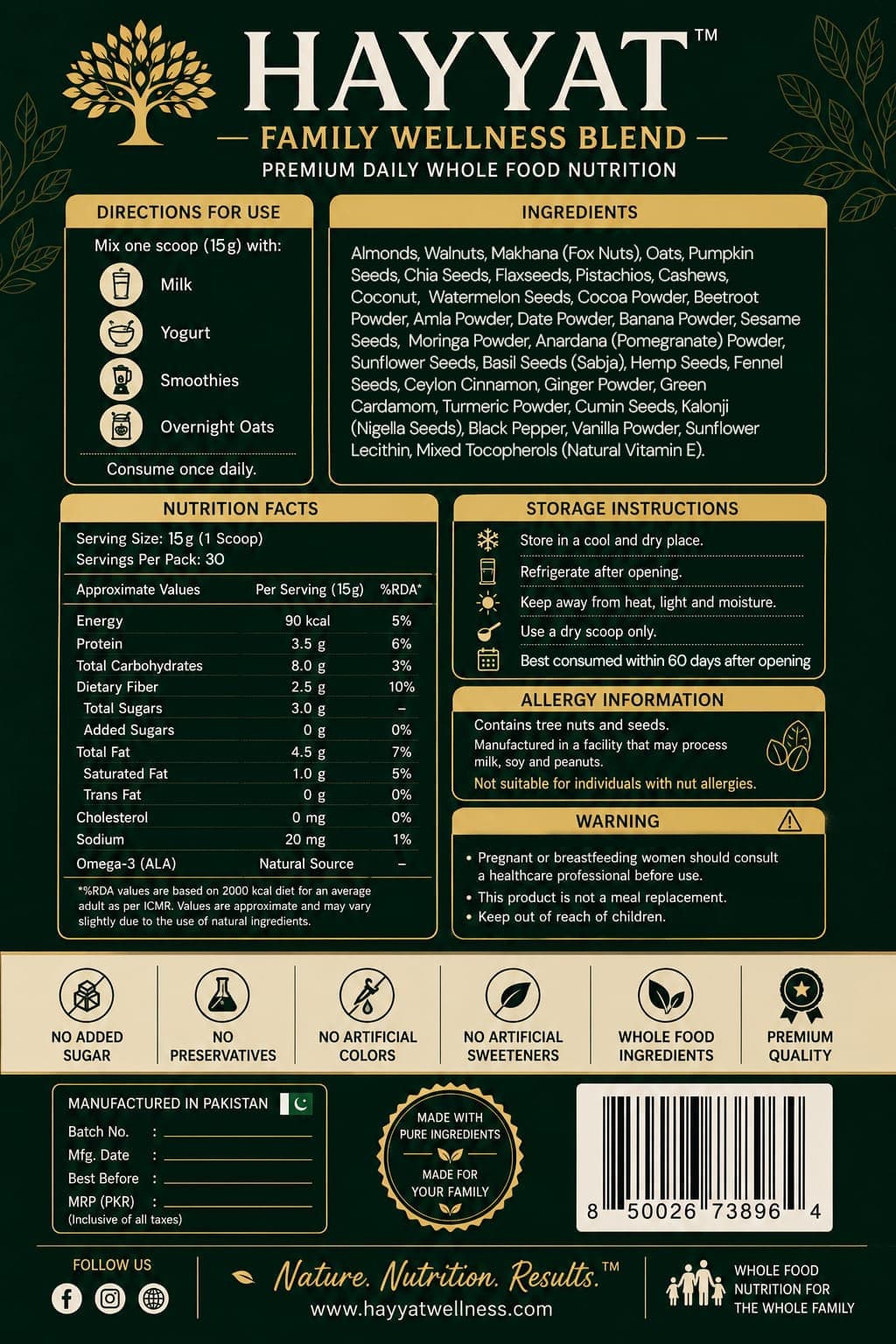 HAYYAT Family Wellness Blend label with full ingredient list and nutrition facts