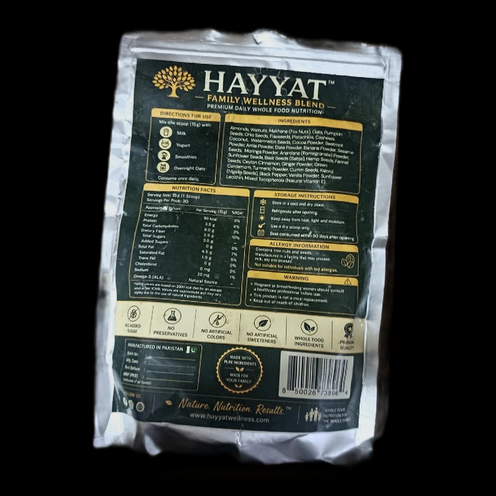 HAYYAT pouch back — directions, nutrition, and ingredients
