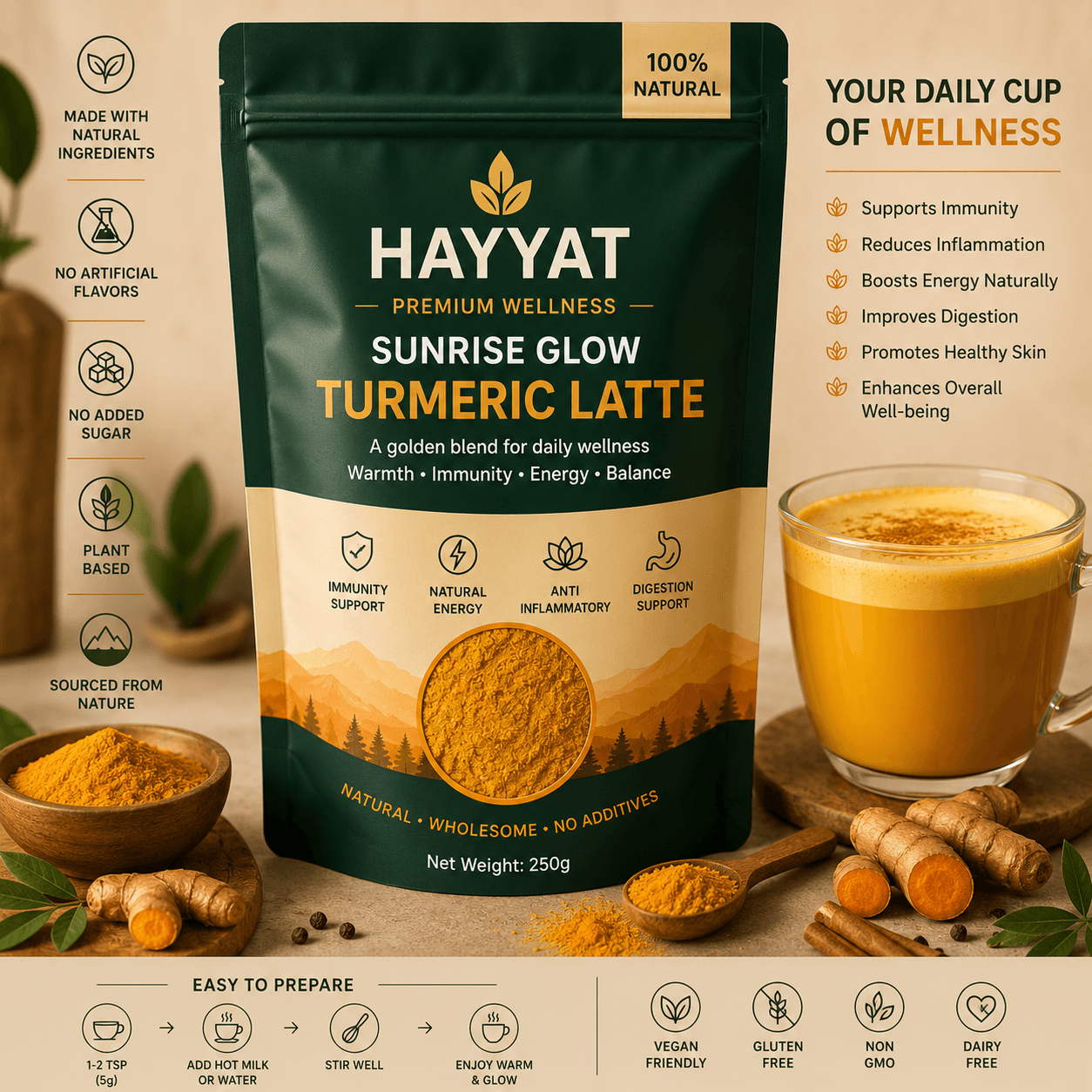 HAYYAT Sunrise Glow Turmeric Latte with fresh turmeric roots